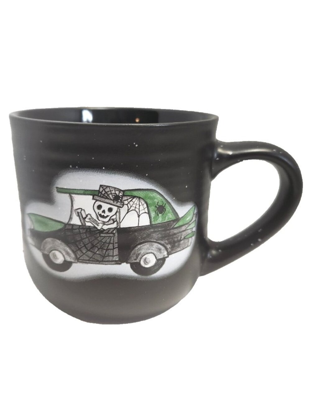 Cobwebs & Cauldrons Halloween Mug Skeleton Driving Car Black Ceramic 12 oz READ